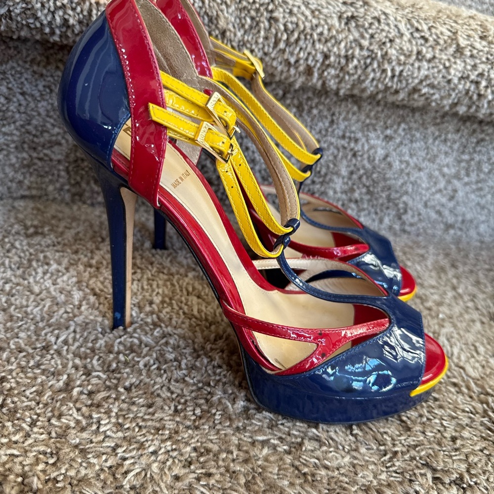 Fendi Women’s Red, Yellow, and Blue Patent Leather Heels
